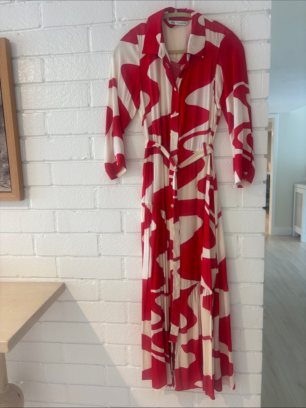Zara Red and Cream Abstract Maxi Shirt Dress